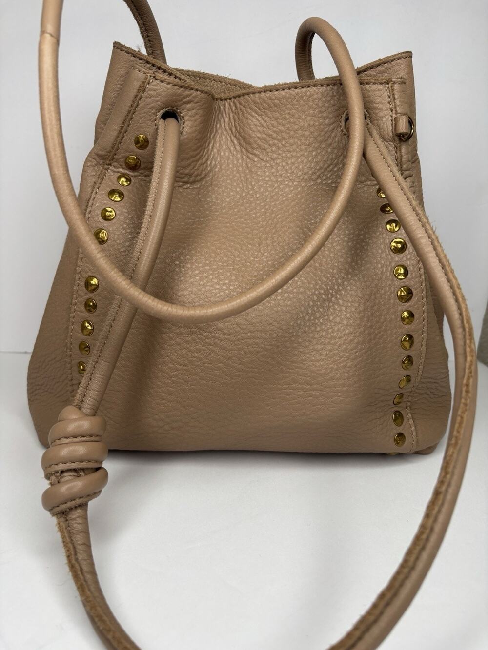 The Sak Bucket Tan brown Pebbled Leather Drawstring Studded Hobo shoulder bag